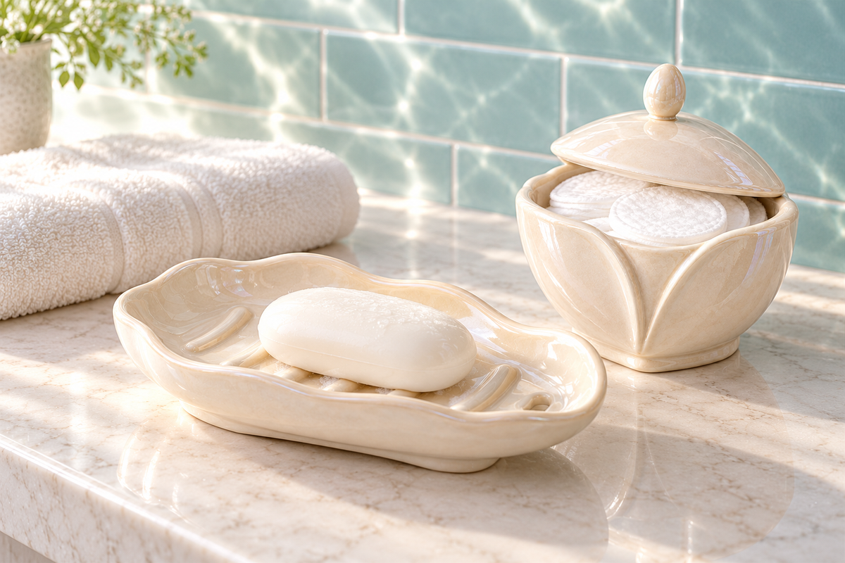 Shell soap tray and cotton jar on a pale bathroom counter
