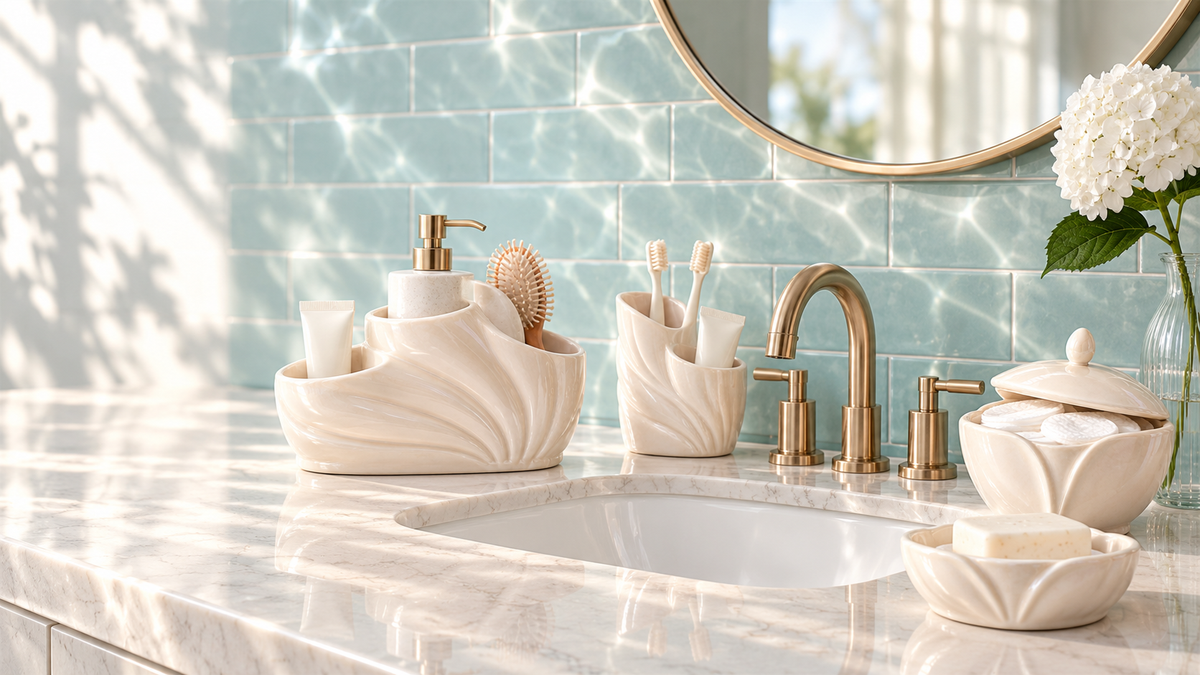 Cream shell-inspired bathroom storage around a sunlit sink